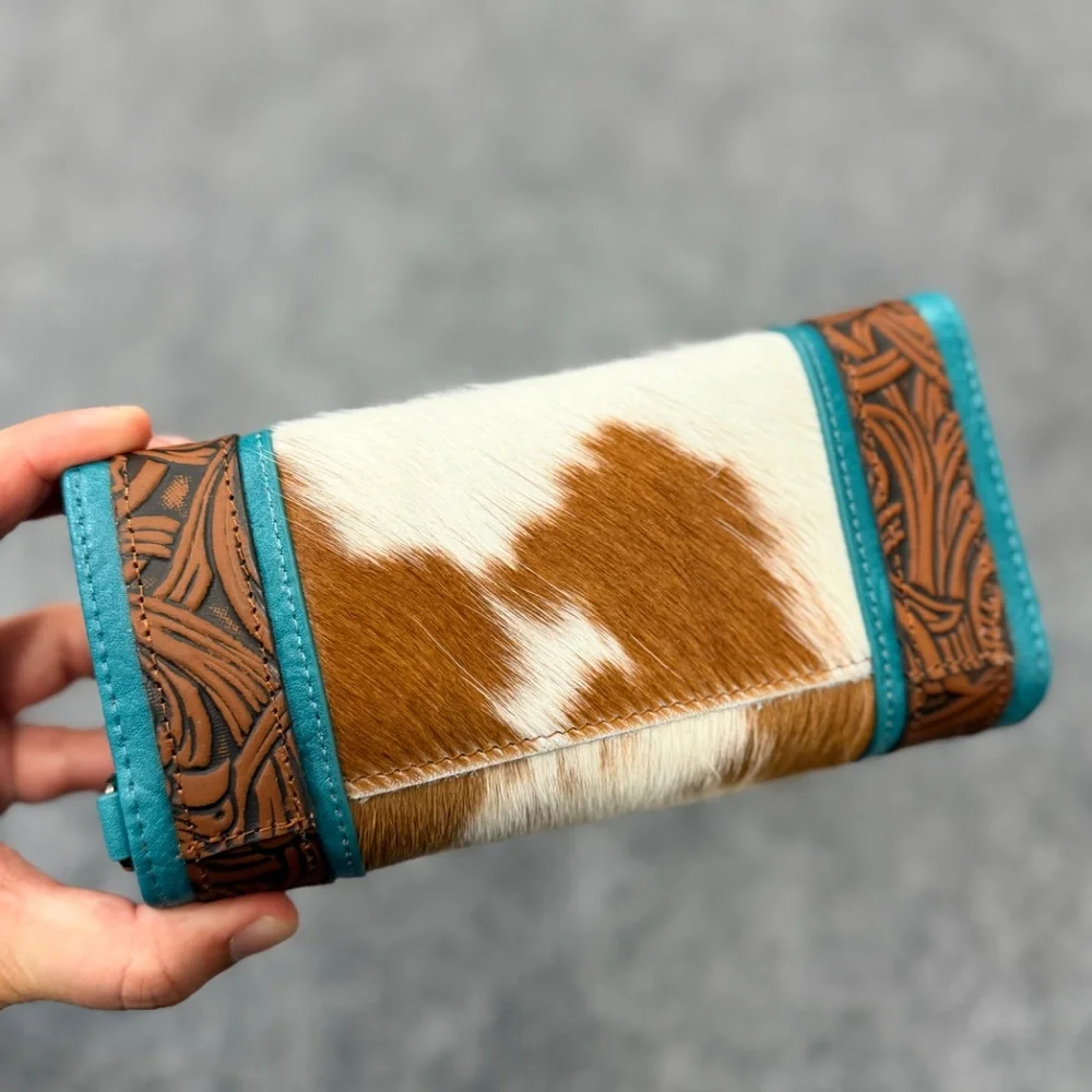 Montana West Hair-On Hide Tooled Wallet – Western Wristlet Brown-Turquoise